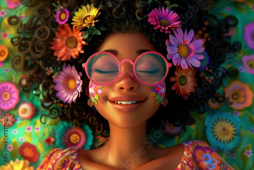 African American girl with pink glasses and flowers in her hair, smiling while laying on a green flower patterned blanket. 