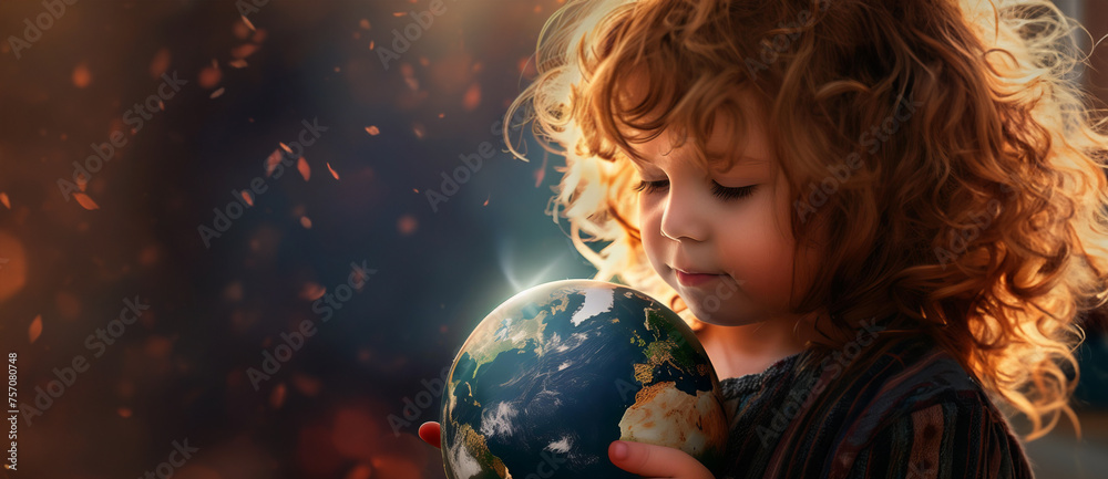 Naklejka premium cute little child with curly hair holds the Earth globe in hands, on a dark background with lights and a bokeh effec
