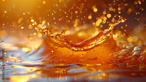 Golden oil, juice or beer crown splash with droplets splatter