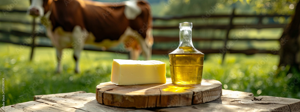 close up of GHI butter on a table in the garden with a cow farm background - obrazy, fototapety, plakaty 