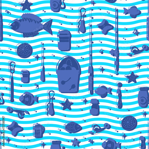 Vector illustration, pattern for fishing, fish, rods, hooks, bait, bucket