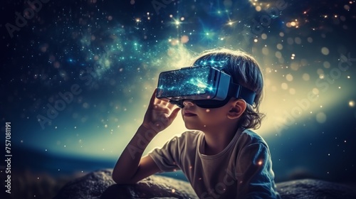 Excited young boy experiencing virtual reality with vr headset, futuristic technology concept