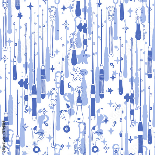 Vector illustration, pattern for fishing, fish, rods, hooks, bait, bucket