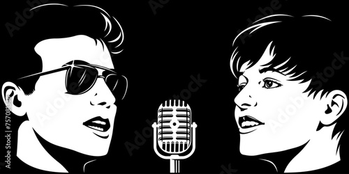 Man and woman singers. Concert, karaoke or music show poster with copy space. Vector illustration.