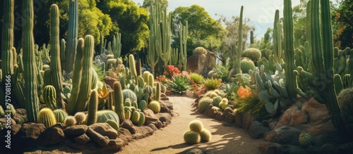 A path lined with various terrestrial plants such as cactus creating a natural landscape in a garden photo