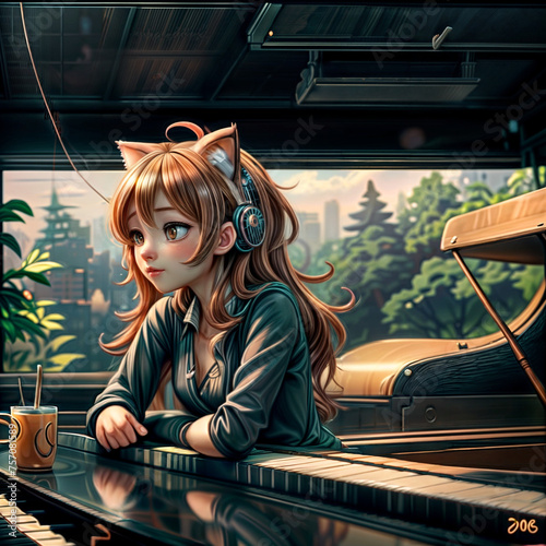 uropean cat ears a cute little girl who has [Generative AI] photo