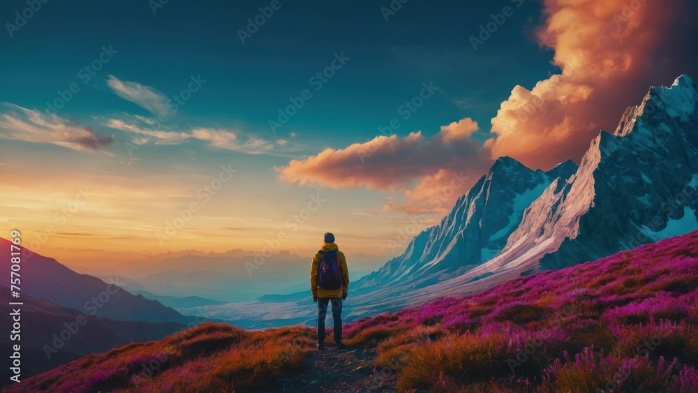 Mountain Explorer Unidentifiable Traveler Standing in Proximity to a Mountain