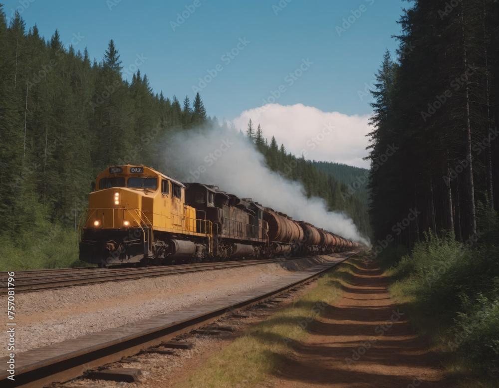 Obraz premium Diesel Freight Train Running Through the Forest