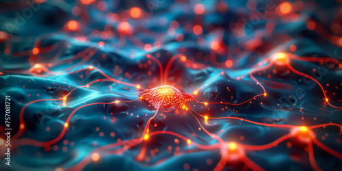 Neural network with glowing neurons on a dark background, closeup of Neurons cell in brain structure. ,banner