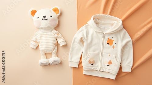 child baby white clothes and teddy bear on pastel textile background photo