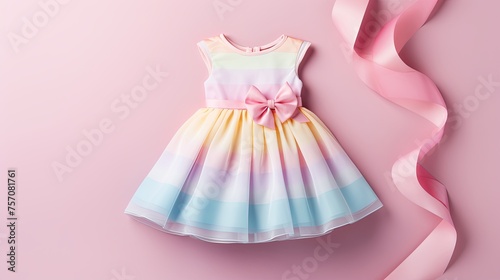 child baby clothes cute dress for little princess on pastel background photo