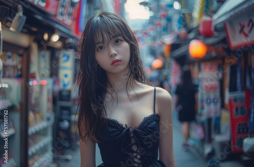 A beautiful Japanese girl in the city, wearing a black dress and white shoes, with long hair and bangs, on both sides of an outdoor street full of shops. 