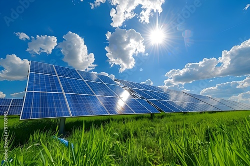 A solar panel in a green field with a blue sky in the background Image