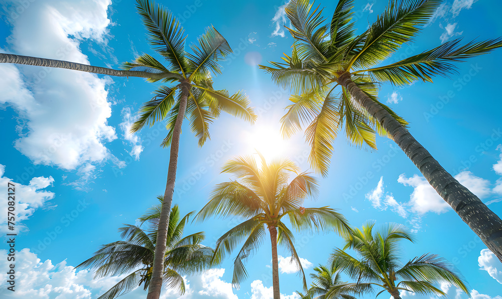 Obraz premium Tropical Palm Trees in Clear Blue Holiday Sky, Generative AI 