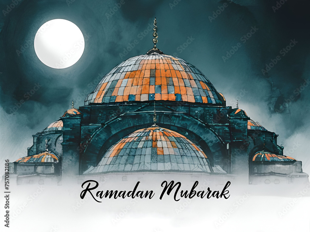 Fototapeta premium Ramadan Mubarak Mosque moonlight art. Generative ai