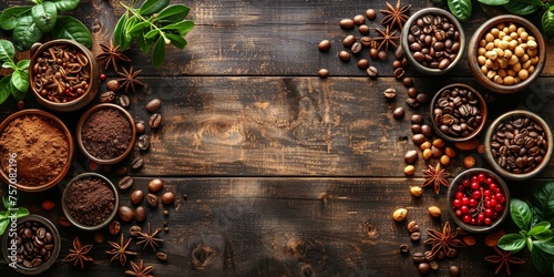 Coffee beans, spices and herbs on dark wooden background. Top view with copy space