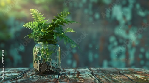 Fern Thriving in Antique Key-Filled Mason Jar on Reclaimed Wood Surface with Dawns Early Light