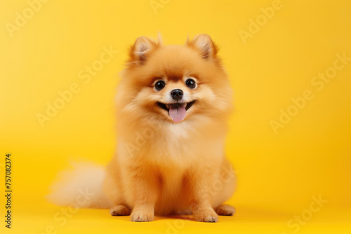 Happy Pomeranian spitz puppy dog. Portrait on a yellow background.