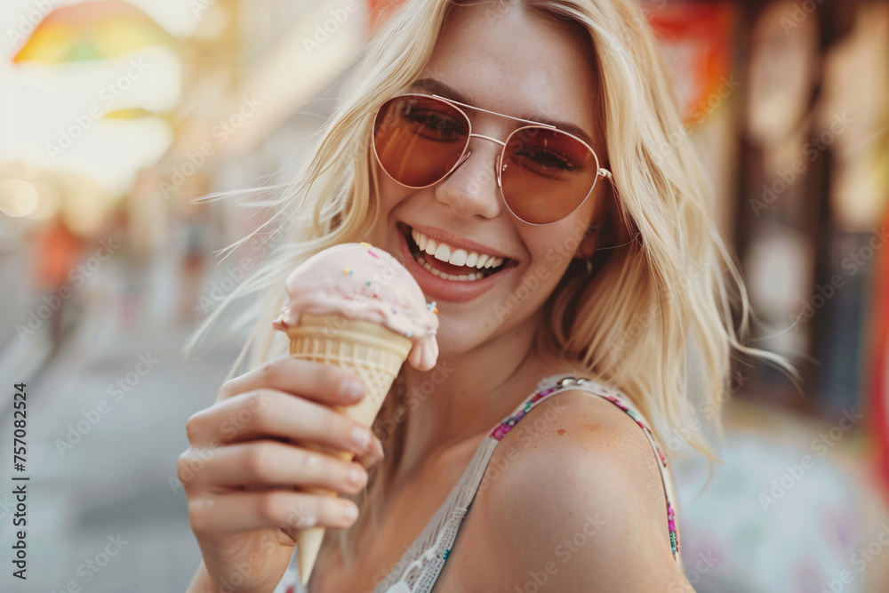 Happy woman with sunglasses eating cone with ice cream in summer