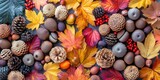 Autumn background with colorful leaves, pine cones, acorns and berries