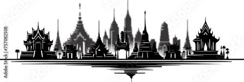 Monochrome Silhouette of Traditional Thai Temple Architecture