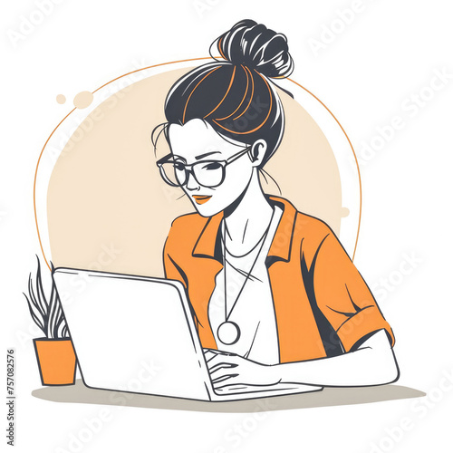 Illustration of young woman working on a laptop at home office