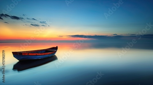 Tranquil Dawn: A Boat on Calm Sea Symbolizing New Beginnings and Peace