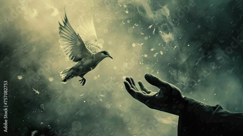 Yearning for Freedom: Person Reaching Out to Bird in Flight Representing Hope and Aspiration Towards Longing for Escape and Tranquility in Nature