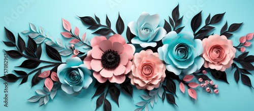 A creative arts project featuring a bouquet of paper flowers with leaves, inspired by the Rose family, set on an electric blue background photo