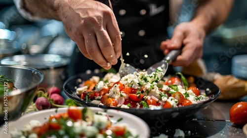 Professional chef garnishing a Mediterranean salad with fresh feta cheese in a kitchen setting