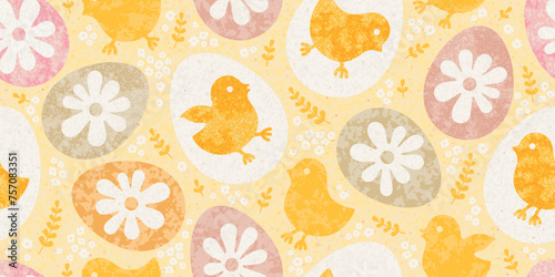 Easter pattern background. Egg, flower, chicken in y2k style. Yellow spring seamless vector in pastel colors with symbols of Easter. Abstract retro floral pattern with cute chickens and spring flowers