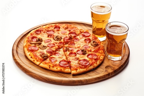 pepperoni pizza and two glasses of beer on a wooden tray.