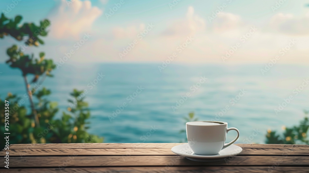 coffee cup on wooden table with sea view in the morning