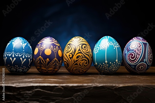 row of colorful Easter eggs lying on a wooden table. The eggs are of different shapes and sizes, and are decorated with various patterns. 