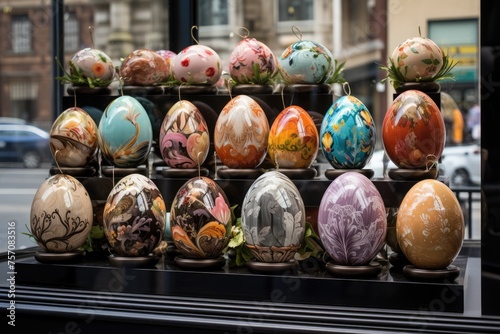 depicts a variety of Easter eggs displayed in a glass display case. Eggs come in different shapes, sizes, patterns and colors. These eggs are symbols of Easter, spring, rebirth, joy, hope and faith.