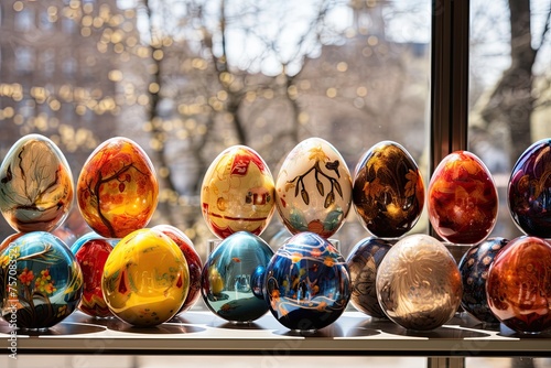 several Easter eggs that are lying on a shelf in front of a window. The eggs vary in size and shape, and they are decorated with different patterns.