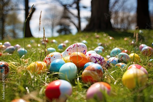 shows a clearing with Easter eggs scattered on the green grass. The eggs are multicolored and of different shapes, some of them are lying in a pile, and others are scattered around the clearing. photo