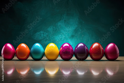 Shows a row of colorful Easter eggs lying on a wooden table. The eggs have different shapes and sizes, and they are painted in different colors.