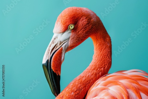 Beautiful pink flamingo close-up on a turquoise background.