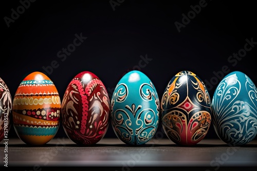 a row of colorful Easter eggs lying on a table. The eggs are of different shapes and sizes, and are decorated with different patterns.