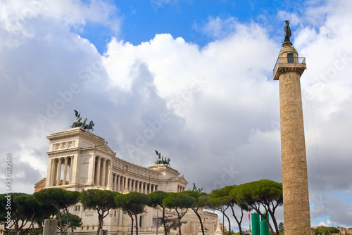 Column of Trajan and National Monument the Vittoriano (Altare della Patria, Altar of the Fatherland) at Venezia square in Rome, Italy	
 photo