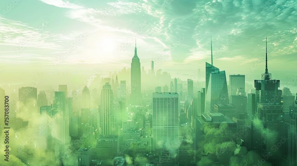 Futuristic City Skyline with Green Filter Overlay showcasing Eco-Friendly Technology Integration and Renewable Energy