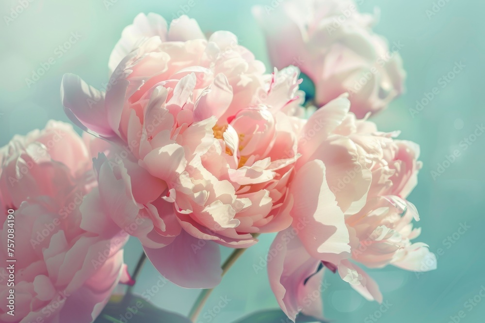 Beautiful pink large flowers peonies on a light blue turquoise background with blurry soft filter. Beautiful pink large flowers peonies on a light blue turquoise background with blurry soft filter.