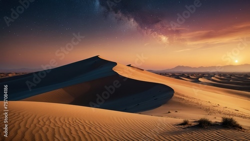 Horizon Embrace Sunrise Landscape Featuring Desert Sand Dunes and a Starry Gradient Sky