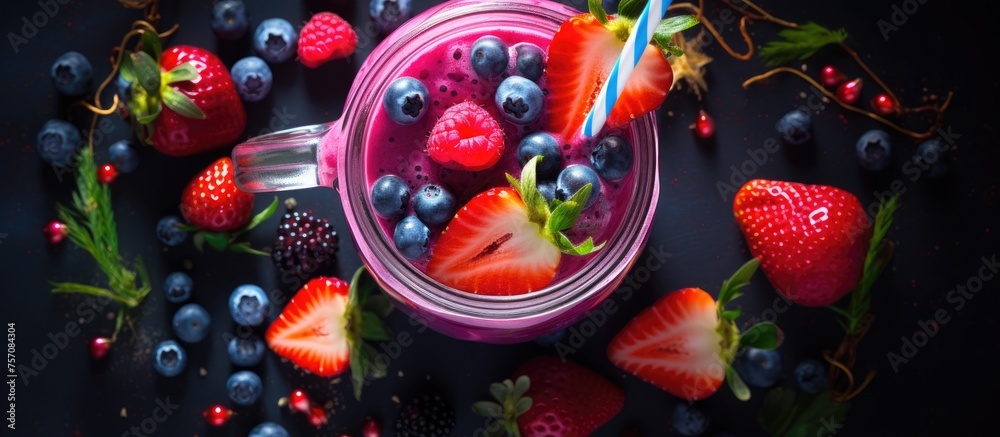 A plantbased smoothie made from strawberries, blueberries, and raspberries, served in a mason jar. This vibrant blend of natural foods is like a magenta burst of flavor