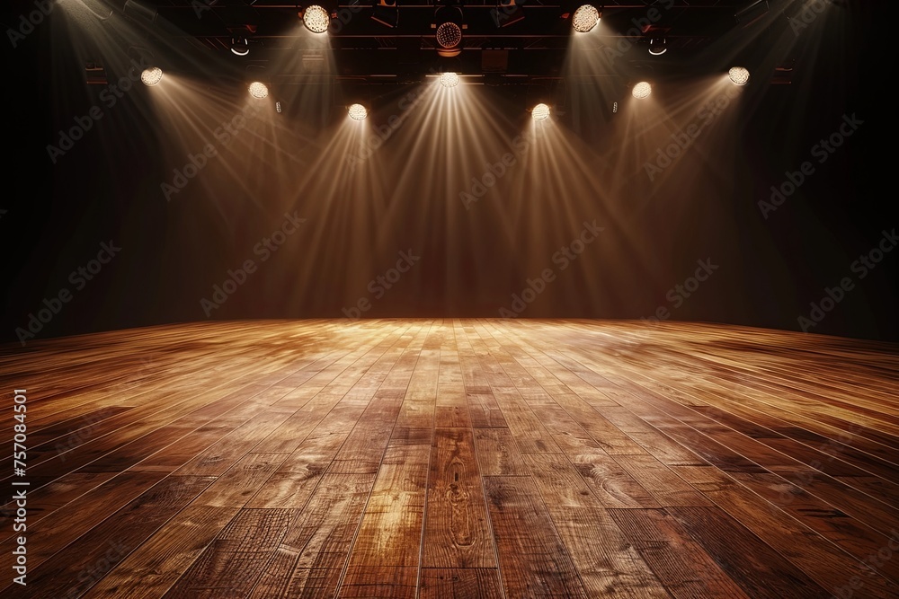 3D rendering of an empty stage with a wood floor and spotlights - obrazy, fototapety, plakaty 