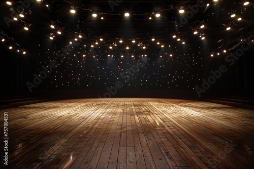 3D rendering of an empty stage with a wood floor and spotlights