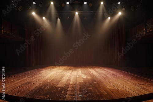 3D rendering of an empty stage with a wood floor and spotlights