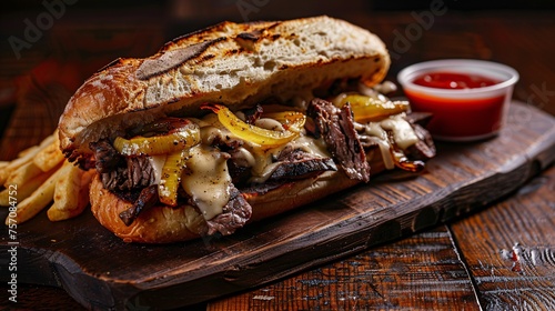 Sandwich of the Month Steak and Onion Sub with Cheese and Sauce Generative AI