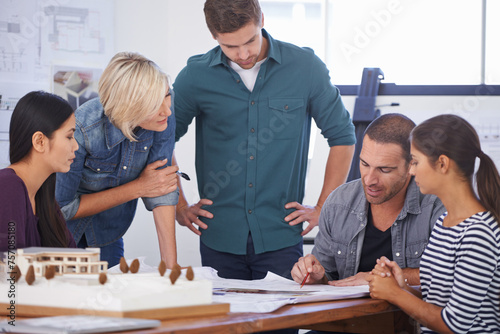 Architecture, teamwork and planning with floor plan or model construction as 3d design, blueprint or collaboration. Men, woman and project contractor for building development, sketch or engineering